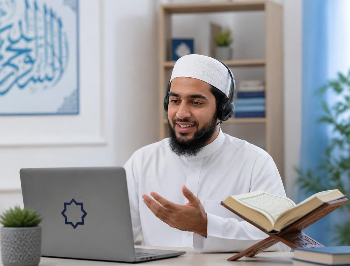 Quran teacher giving an online lesson