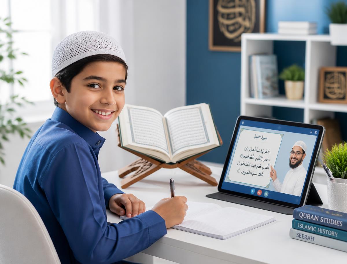 A student attending an online Quran class